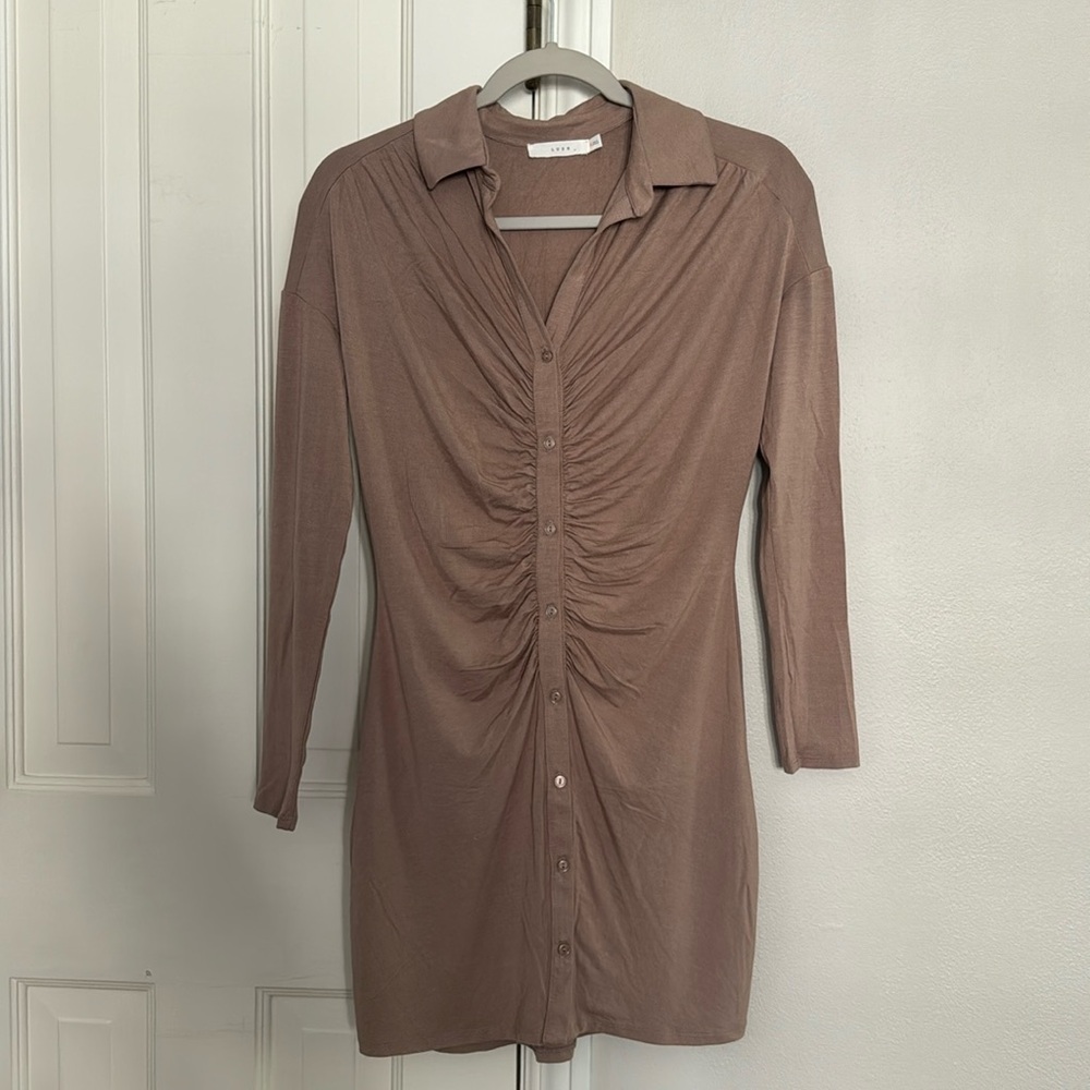 LUSH Neutral Long Sleeve Collared Button Down Shirt Dress